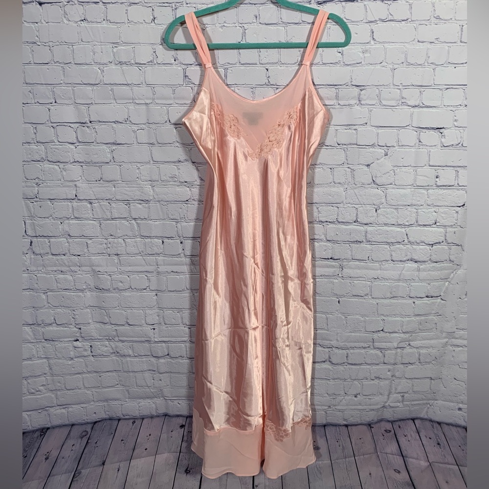 Jones New York VTG Satin Maxi Slip Dress Pink Sheer Accent Lace M Y2K Balletcore